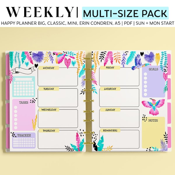 WEEKLY Horizontal Planner Inserts for Happy Planner Classic, Big & Mini, Erin Condren and A5 Size Planners, Summer Jungle Toucans