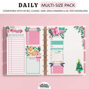 May include: A daily multi-size planner insert pack featuring Christmas-themed watercolor illustrations including a gingerbread house, gift, stocking, and tree. The pages include sections for priorities, reminders, fitness, and trackers with text.