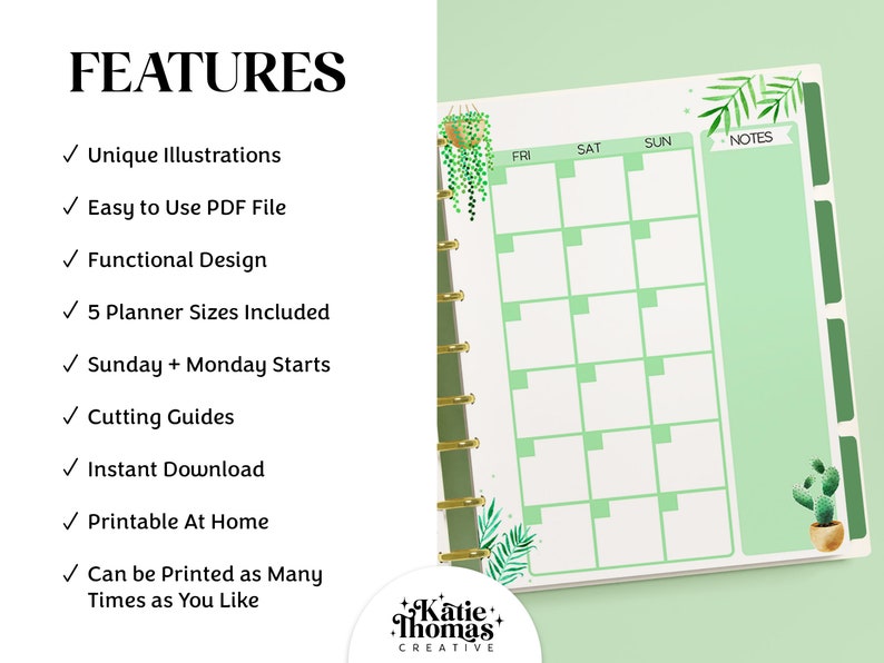 May include: A printable planner page with a green and white color scheme. The page features a weekly calendar layout with spaces for Friday, Saturday, Sunday, and notes. The design includes a cactus and leafy plants.
