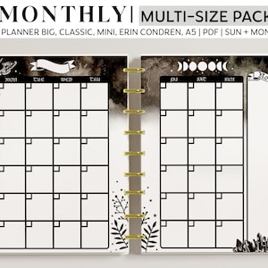 MONTHLY Printable Planner Inserts for Happy Planner Classic, Big, Mini, Erin Condren and A5 Sizes, Moon Phases and Stars, Gothic Aesthetic