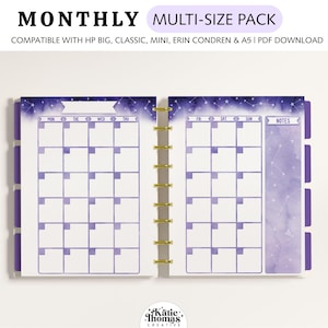 Páginas de planificador imprimibles mensuales compatibles con los tamaños Happy Planner Classic, Big, Mini, Erin Condren y A5, Space Galaxy y Constellations.