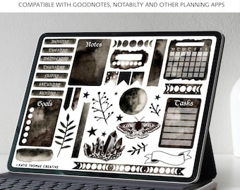 Digital Planner Weekly Sticker Kit, 37 Aesthetic Stickers for Digital Journals, Black Watercolor Witchy Stickers, Halloween Stickers
