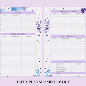 May include: A printable budget planner with a whimsical design featuring stars, moons, and crystals. The planner is divided into sections for income, fixed expenses, variable expenses, and other expenses. It also includes a totals section for tracking income and expenses.