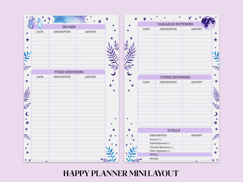 May include: A printable budget planner with a whimsical design featuring stars, moons, and crystals. The planner is divided into sections for income, fixed expenses, variable expenses, and other expenses. It also includes a totals section for tracking income and expenses.