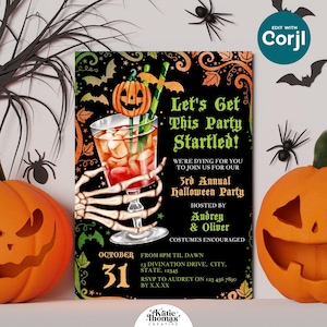 Editable Halloween Cocktail Party Invitation - Spooky Pumpkin & Skeleton Hand Design