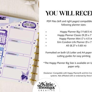 May include: A purple and white weekly planner page featuring a moon and star theme with the text STAY WILD MOON CHILD. The page includes sections for Monday through Thursday, a calendar, and a to-do list. Text lists PDF file sizes in inches.