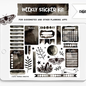 Digital Planner Weekly Sticker Kit, 37 Aesthetic Stickers for Digital Journals, Black Watercolor Witchy Stickers, Halloween Stickers