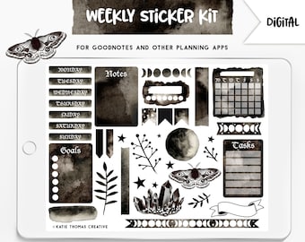 Digital Planner Weekly Sticker Kit, 37 Aesthetic Stickers for Digital Journals, Black Watercolor Witchy Stickers, Halloween Stickers