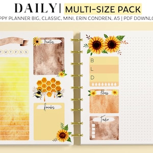 DAILY Planner Printable Inserts for Happy Planner Classic, Big and Mini, Erin Condren and A5 Sizes, Yellow Sunflowers and Bee Aesthetic