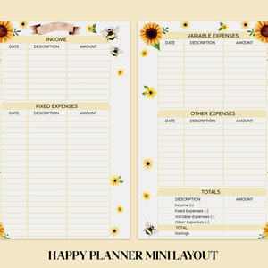 May include: A printable budget planner with a sunflower and bee theme. The planner includes sections for income, fixed expenses, variable expenses, other expenses, and totals. The planner is designed to help you track your finances and reach your financial goals.
