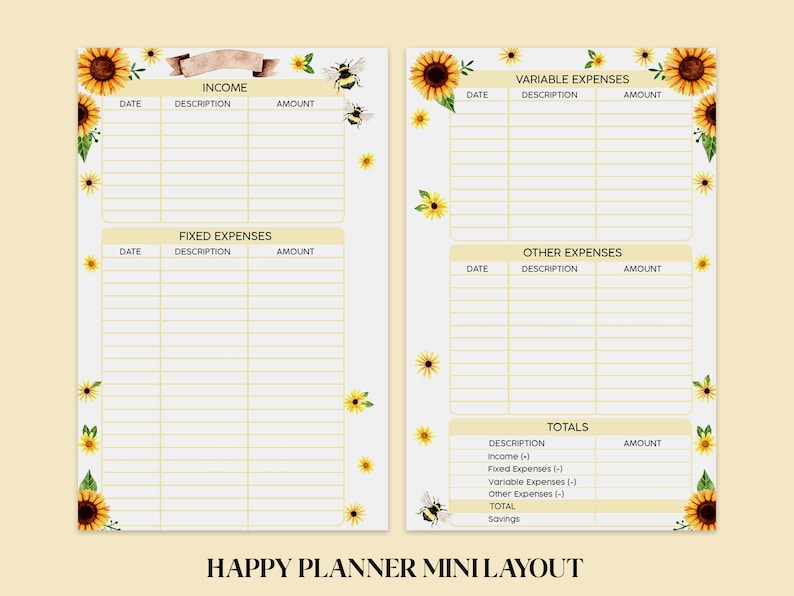 May include: A printable budget planner with a sunflower and bee theme. The planner includes sections for income, fixed expenses, variable expenses, other expenses, and totals. The planner is designed to help you track your finances and reach your financial goals.