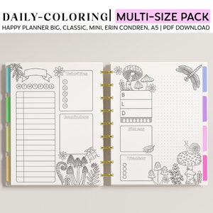 Printable Coloring DAILY Planner Inserts for Happy Planner Classic, Big & Mini, Erin Condren and A5 Size Planners, Mushroom Garden