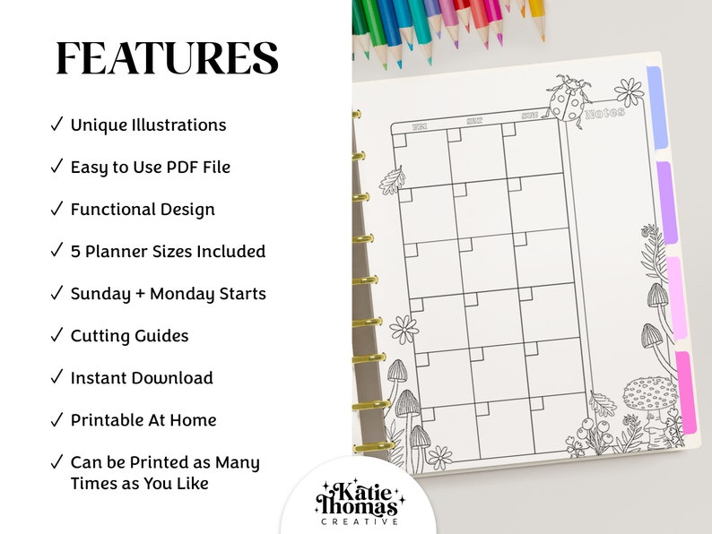 May include: A printable monthly calendar planner with a black and white illustration of mushrooms, flowers, and a ladybug. The calendar has a notes section and is designed for use with a disc bound planner.