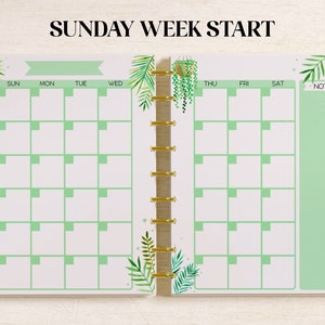 May include: A weekly planner with a green and white color scheme. The planner has a section for each day of the week, starting with Sunday. The planner also has a notes section. The planner is decorated with green plants and flowers.