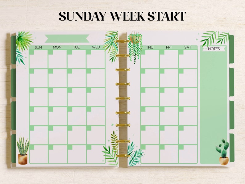 May include: A weekly planner with a green and white color scheme. The planner has a section for each day of the week, starting with Sunday. The planner also has a notes section. The planner is decorated with green plants and flowers.
