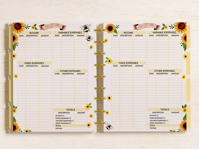 May include: A printable budget planner with a sunflower and bee theme. The planner includes sections for income, variable expenses, fixed expenses, and other expenses. It also has a totals section for calculating income and expenses.