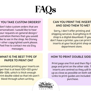 May include: A pink and yellow graphic with the text "FAQs" in black. The graphic contains four sections with information about custom orders, paper type, printing inserts, and printing double-sided.
