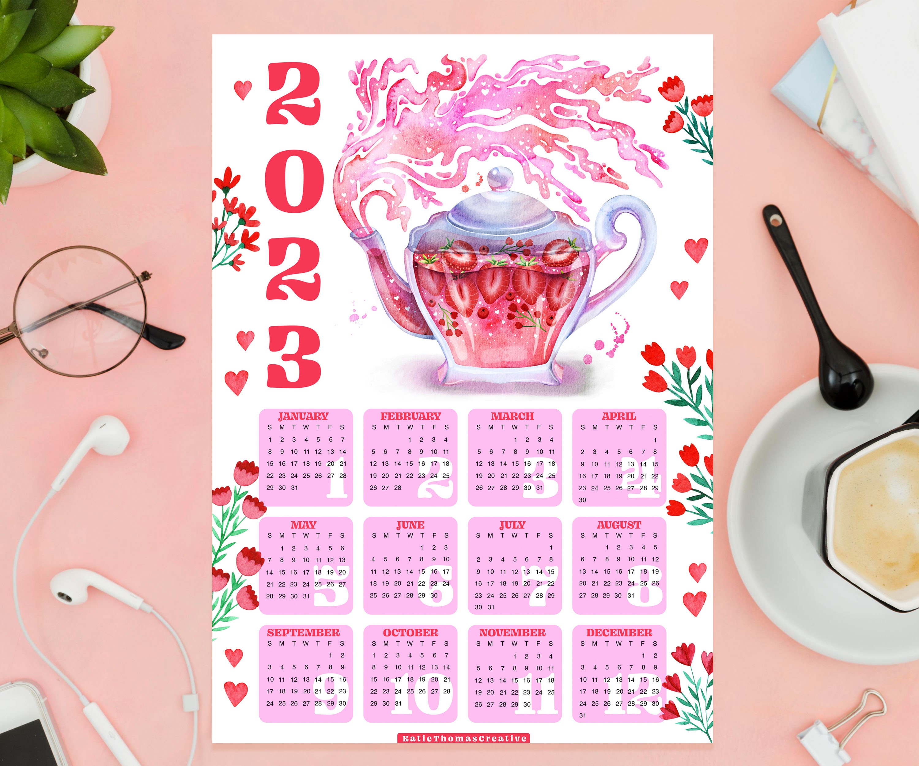 2023 Printable Wall Art Calendar Featuring Strawberry Tea Etsy Australia