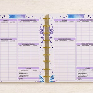 May include: A purple and blue budget planner with a watercolour design featuring stars and moons. The planner has sections for income, variable expenses, fixed expenses, and other expenses. It also includes a totals section for tracking income and expenses.