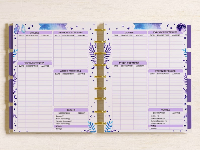 May include: A purple and blue budget planner with a watercolour design featuring stars and moons. The planner has sections for income, variable expenses, fixed expenses, and other expenses. It also includes a totals section for tracking income and expenses.