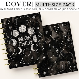Portada imprimible para planificadores Happy Planner clásicos, miniplanners, grandes, Erin Condren y A5: Fases lunares de Moon Child