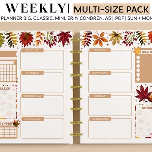 WEEKLY Horizontal Planner Inserts for Happy Planner Classic, Big & Mini, Erin Condren and A5 Size Planners, Autumn Leaves Fall Harvest