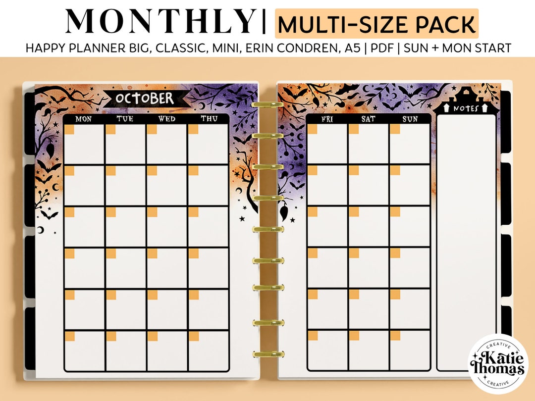 HALLOWEEN MONTHLY HORIZONTAL Planner Inserts for Happy Planner Classic ...