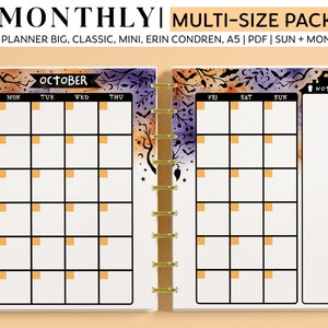 HALLOWEEN MONTHLY HORIZONTAL Planner Inserts for Happy Planner Classic, Big & Mini, Erin Condren and A5 Size Planners, Spooky Inserts