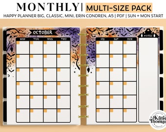 HALLOWEEN MONTHLY HORIZONTAL Planner Inserts for Happy Planner Classic, Big & Mini, Erin Condren and A5 Size Planners, Spooky Inserts