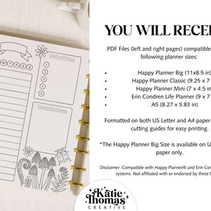 May include: A white planner page with black line art featuring a daily schedule, priorities list, and reminders section. The bottom includes mushroom and ladybug illustrations. Text lists PDF sizes: Big 11x8.5 in, Classic 9.25x7 in, Mini 7x4.5 in, 9x7 in, and A5 8.27x5.83 in.
