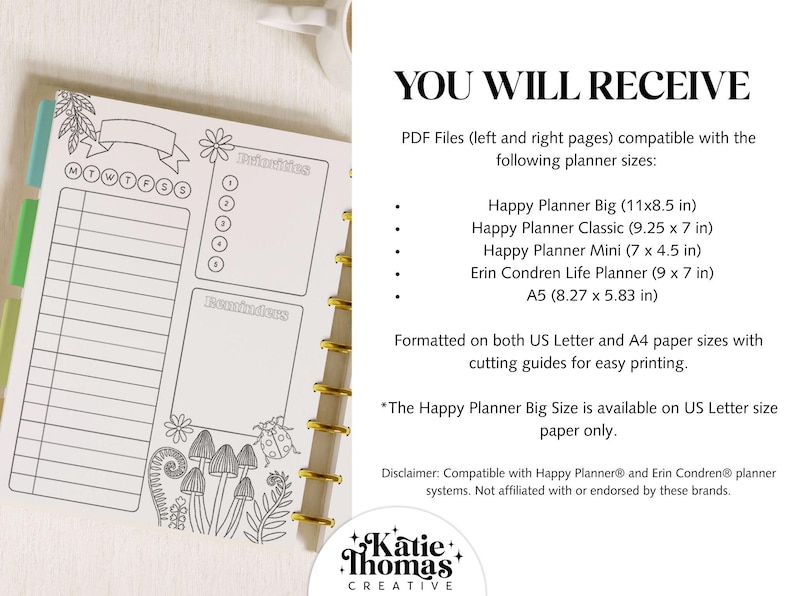 May include: A white planner page with black line art featuring a daily schedule, priorities list, and reminders section. The bottom includes mushroom and ladybug illustrations. Text lists PDF sizes: Big 11x8.5 in, Classic 9.25x7 in, Mini 7x4.5 in, 9x7 in, and A5 8.27x5.83 in.