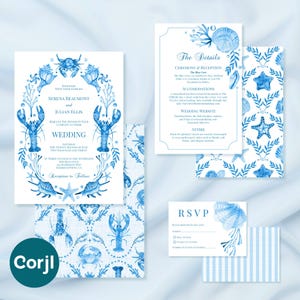 Blue Watercolor Coastal Wedding Invitation Suite — Lobster, Seashell & Under the Sea, Corjl Template, Digital Download