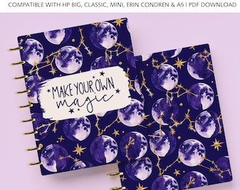 Druckbare Plannerhülle für den Classic Happy Planner, Mini Happy Planner, Big Happy Planner, Erin Condren und A5 Größen: Lila Mond und Sterne