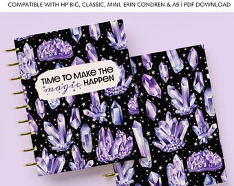 Utskrivbart omslag i ametistkristall passar Happy Planner i storlekarna Classic, Big, Mini, Erin Condren och A5, magisk häxestetik