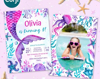 Mermaid Photo Birthday Invitation, Under the Sea Party Invite Girl, Editable Mermaid Tail Template, Pink Purple Teal Ocean Theme