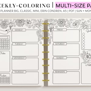 Printable Colouring WEEKLY Planner Inserts for Happy Planner Classic, Big & Mini, Erin Condren and A5 Size Planners, Floral Coloring Pages