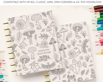 Coloring Printable Planner Cover fits Happy Planner Classic, Mini, Big, Erin Condren and A5 Sizes, Discbound Planners, Mushroom Garden
