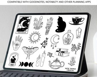 Witchy Digital Stickers Compatible with Goodnotes | 20 Mystical and Tarot-Themed Planner PNGs for iPad & Android Planning