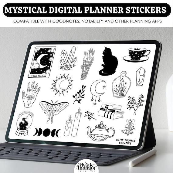 Witchy Digital Stickers Compatible with Goodnotes | 20 Mystical and Tarot-Themed Planner PNGs for iPad & Android Planning
