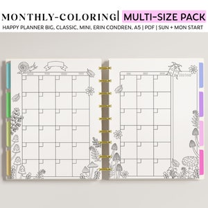 MONTHLY Coloring Printable Planner Pages for Happy Planner Classic, Big & Mini, Erin Condren and A5 Size Planners, Mushroom Forest