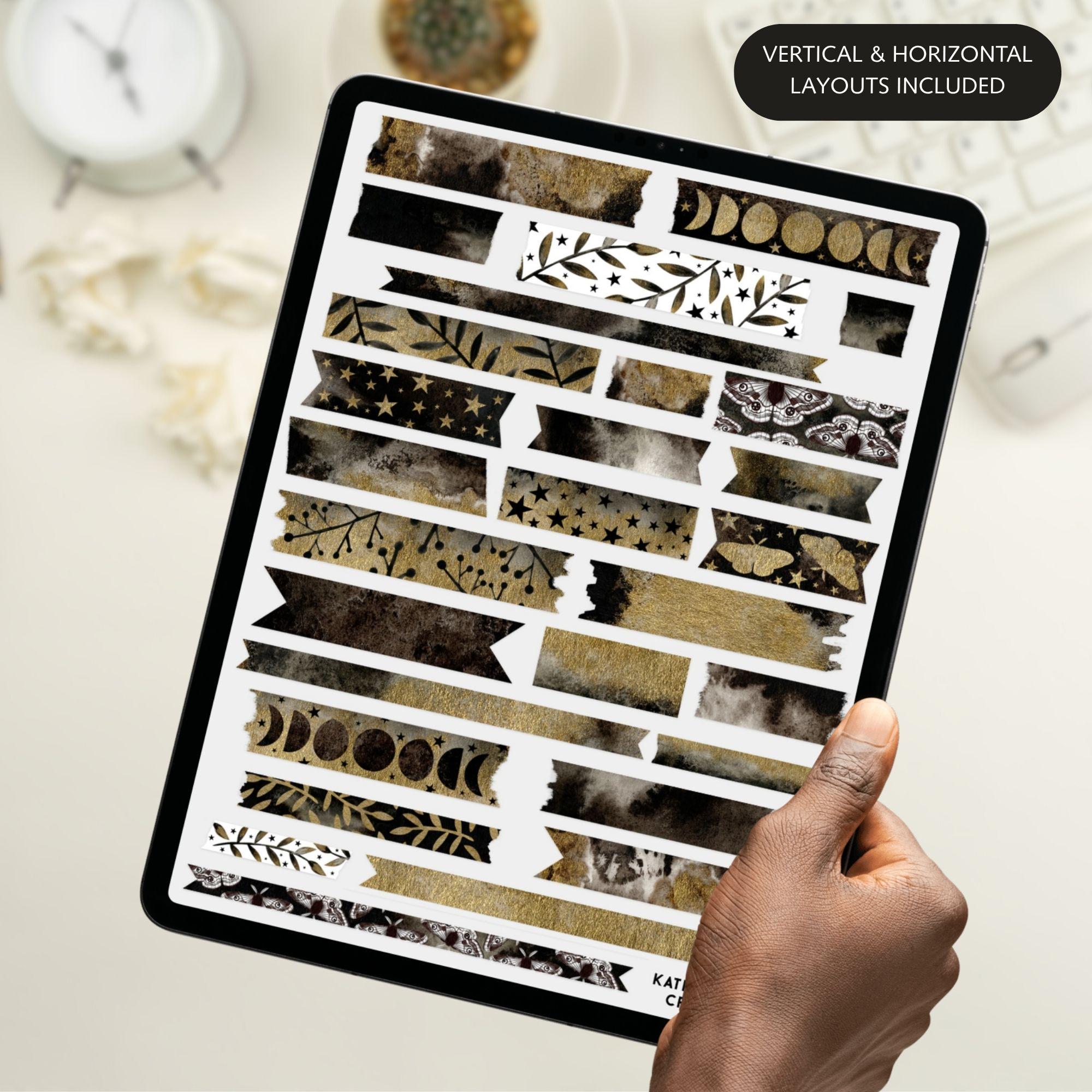 Black and Gold Digital Planner Stickers, Watercolor Washi Tape Set, PNG ...
