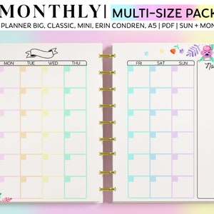 MONTHLY Planner Inserts for Happy Planner Classic, Big & Mini, Erin Condren and A5 Size Planners, Rainbow Floral Planner Pages