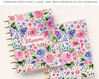 Watercolor Floral Printable Planner or Notebook Cover fits Happy Planner Classic, Mini, Big, Erin Condren and A5 Sizes, Discbound Planners