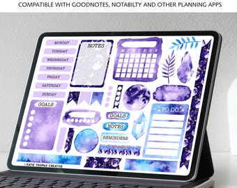 Digital Planner Weekly Sticker Kit, 34 Aesthetic Stickers for Digital Journaling, Purple Watercolor Moon and Stars Stickers, Witchy