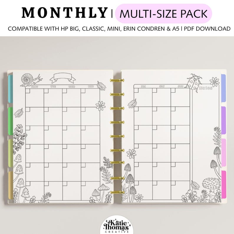 MONTHLY Coloring Printable Planner Pages fits Happy Planner Classic, Big & Mini, Erin Condren and A5 Size Planners, Mushroom Forest image 1