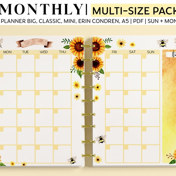 MONTHLY Planner Pages for Happy Planner Classic, Big, Mini, Erin Condren and A5 Size Planners, Sunflowers and Bees Printable Planner Refills