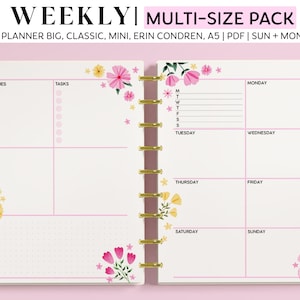 WEEKLY DASHBOARD Planner Inserts for Happy Planner Classic, Big & Mini, Erin Condren and A5 Size Planners, Pink and Yellow Floral Pages