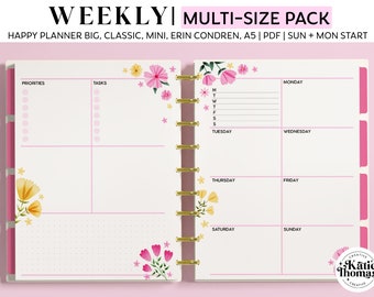 WEEKLY DASHBOARD Planner Inserts for Happy Planner Classic, Big & Mini, Erin Condren and A5 Size Planners, Pink and Yellow Floral Pages