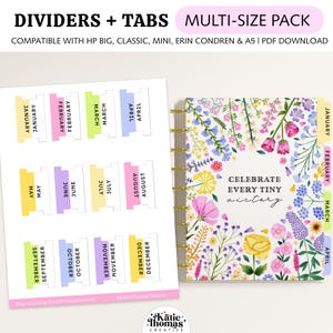 Printable Monthly Planner Dividers and Tabs fits Happy Planner Classic, Big, Mini, Erin Condren and A5 Sizes: Floral Wildflowers Theme
