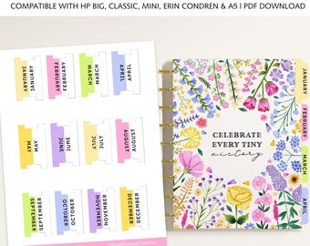 Printable Monthly Planner Dividers and Tabs fits Happy Planner Classic, Big, Mini, Erin Condren and A5 Sizes: Floral Wildflowers Theme